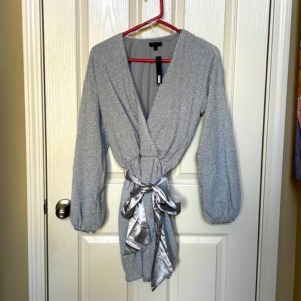 NWT silver, long sleeve wrap dress from Baltic Born